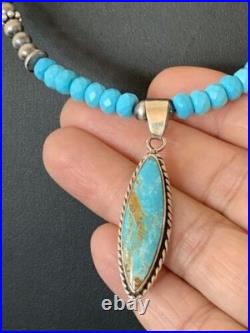 Navajo Blue Faceted Turquoise Pendant Necklace Sterling Silver Handmade 563