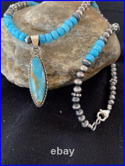 Navajo Blue Faceted Turquoise Pendant Necklace Sterling Silver Handmade 563