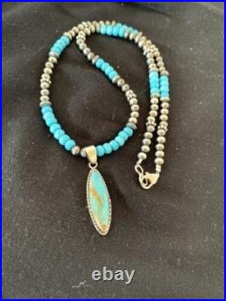Navajo Blue Faceted Turquoise Pendant Necklace Sterling Silver Handmade 563