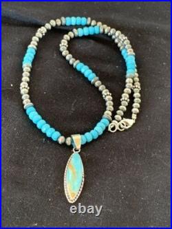 Navajo Blue Faceted Turquoise Pendant Necklace Sterling Silver Handmade 563