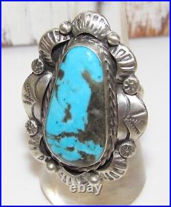 Navajo Blue Gem Turquoise Statement Ring Sz 8 Sterling Silver Signed Native