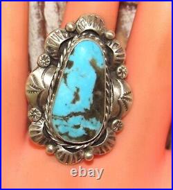 Navajo Blue Gem Turquoise Statement Ring Sz 8 Sterling Silver Signed Native