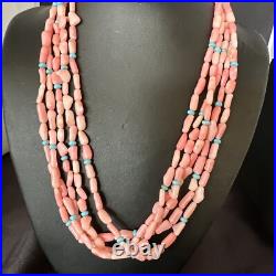 Navajo Blue Turquoise Pink Coral Sterling Silver 5 Strand Necklace 20 17840
