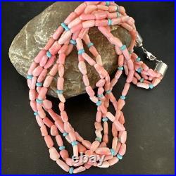 Navajo Blue Turquoise Pink Coral Sterling Silver 5 Strand Necklace 20 17840