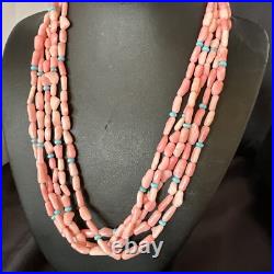 Navajo Blue Turquoise Pink Coral Sterling Silver 5 Strand Necklace 20 17840