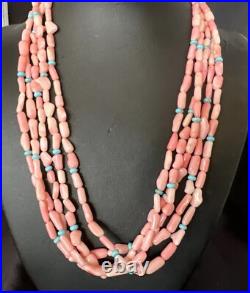Navajo Blue Turquoise Pink Coral Sterling Silver 5 Strand Necklace 20 17840