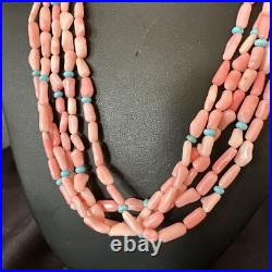 Navajo Blue Turquoise Pink Coral Sterling Silver 5 Strand Necklace 20 17840
