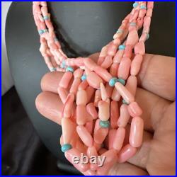 Navajo Blue Turquoise Pink Coral Sterling Silver 5 Strand Necklace 20 17840