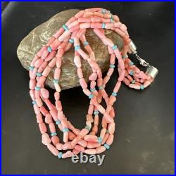 Navajo Blue Turquoise Pink Coral Sterling Silver 5 Strand Necklace 20 17840