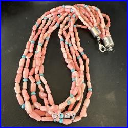Navajo Blue Turquoise Pink Coral Sterling Silver 5 Strand Necklace 20 17840