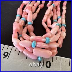 Navajo Blue Turquoise Pink Coral Sterling Silver 5 Strand Necklace 20 17840