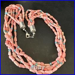 Navajo Blue Turquoise Pink Coral Sterling Silver 5 Strand Necklace 20 17840 Navajo Blue Turquoise Pink Coral Sterling Silver 5 Strand Necklace 20 17840