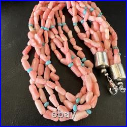 Navajo Blue Turquoise Pink Coral Sterling Silver 5 Strand Necklace 20 17840
