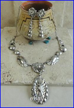Navajo Clem Nalwood Brilliant Floral Sculptured Sterling Necklace/earrings Set Navajo Clem Nalwood Brilliant Floral Sculptured Sterling Necklace/earrings Set