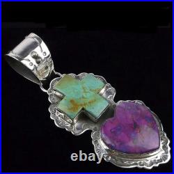 Navajo Dan Dodson Sterling Silver Turquoise Spiny Pendant Heart Cross Big