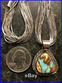 Navajo Denetdale Sterling Boulder Turquoise Pendant & Liquid Silver Necklace 925