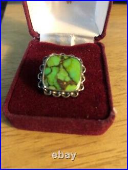 Navajo Green Spider Web Desert Turquoise Cab Sterling Silver Old Pawn Sz. 7 3/4