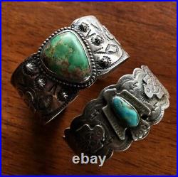 Navajo Hand Stamped Blue Turquoise Sterling Silver Cuff Beautiful 925