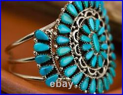 Navajo Handmade CLUSTER TURQUOISE Sterling Silver WIDE CUFF Bracelet