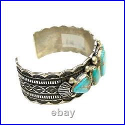 Navajo Handmade Sterling Silver Kingman Turquoise Cuff Bracelet C H