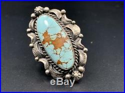 Navajo Handmade Sterling Silver + Number 8 Turquoise Ring, Signed