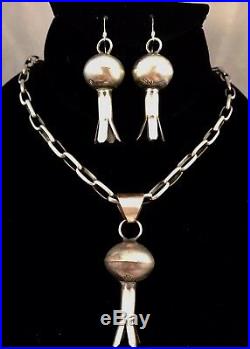Navajo Handmade Sterling Silver Squash Blossom Pendant & Earrings