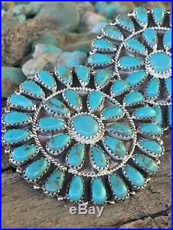 Navajo Handmade Sterling Silver Stamped And Signed Turquoise Cluster Earrings