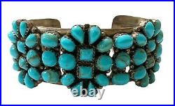 Navajo Handmade Sterling Silver Turquoise Cluster Cuff Bracelet