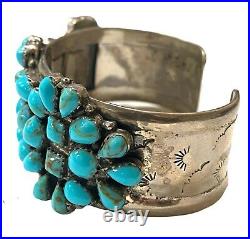 Navajo Handmade Sterling Silver Turquoise Cluster Cuff Bracelet