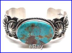 Navajo Handmade Sterling Silver Turquoise Hand stamped Bracelet -D. Cadman
