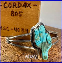 Navajo Handmade Turquoise Saguaro Cactus Cuff Bracelet Sterling Silver