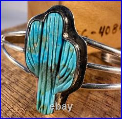 Navajo Handmade Turquoise Saguaro Cactus Cuff Bracelet Sterling Silver