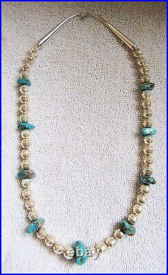 Navajo Indian Old Sterling Silver Bench Beads Damale Turquoise Nuggets Necklace