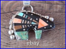 Navajo Indian Sterling Silver Multi Stone Inlay Bear Pendant Signed Ray Jack