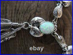 Navajo Indian Sterling Silver & Opal Feather Link Necklace Signed Betone