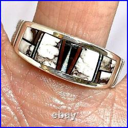 Navajo Inlay Turquoise Opal Wild Horse Wedding Band Ring Sz 11.5 9mm Men Signed