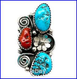 Navajo Kingman Turquoise Coral Ring Sz 8 Sterling Silver Native American Signed