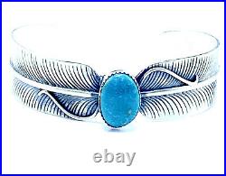 Navajo Kingman Turquoise Sterling Silver Handmade Feather Bracelet Aaron Davis