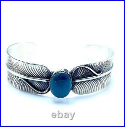 Navajo Kingman Turquoise Sterling Silver Handmade Feather Bracelet Aaron Davis