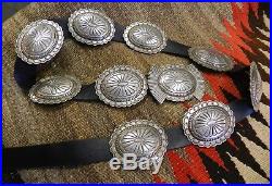 Navajo Larsen Blackgoat Sterling Silver Concho Belt 42, C1980, Sgnd, Az Estate, Ex