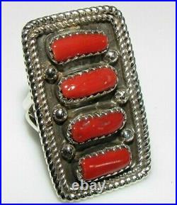Navajo Mediterranean Coral Ring Size 8 Sterling Silver Native American Signed