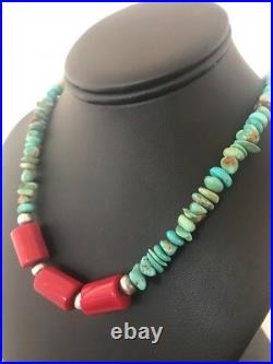 Navajo Mens Native American Sterling Silver Turquoise Coral Necklace