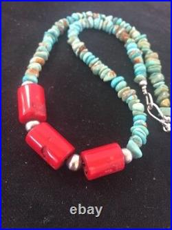 Navajo Mens Native American Sterling Silver Turquoise Coral Necklace