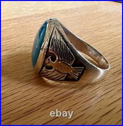 Navajo Mens Turquoise Thunderbird Dome Ring Sterling Silver Size 12.5 and 13.5