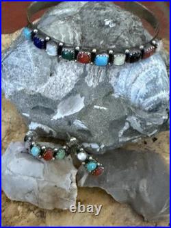 Navajo Multi Gemstone/Sterling Silver cuff and earrings. Sawtooth bezel. Vintage