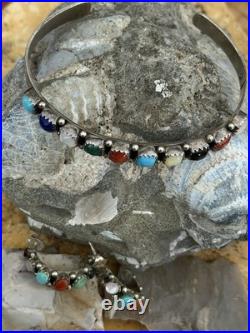 Navajo Multi Gemstone/Sterling Silver cuff and earrings. Sawtooth bezel. Vintage