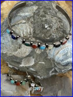 Navajo Multi Gemstone/Sterling Silver cuff and earrings. Sawtooth bezel. Vintage