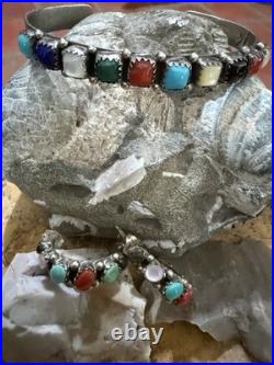 Navajo Multi Gemstone/Sterling Silver cuff and earrings. Sawtooth bezel. Vintage