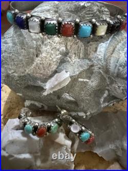 Navajo Multi Gemstone/Sterling Silver cuff and earrings. Sawtooth bezel. Vintage