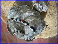 Navajo Multi Gemstone/Sterling Silver cuff and earrings. Sawtooth bezel. Vintage